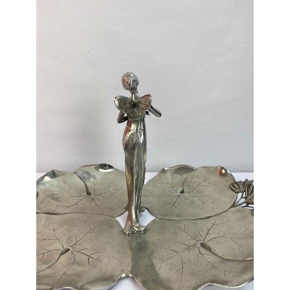 Antique Art Nouveau Pewter Fairy with Dove Lily Pads Sculpture Centerpiece Tray - Picture 11 of 12